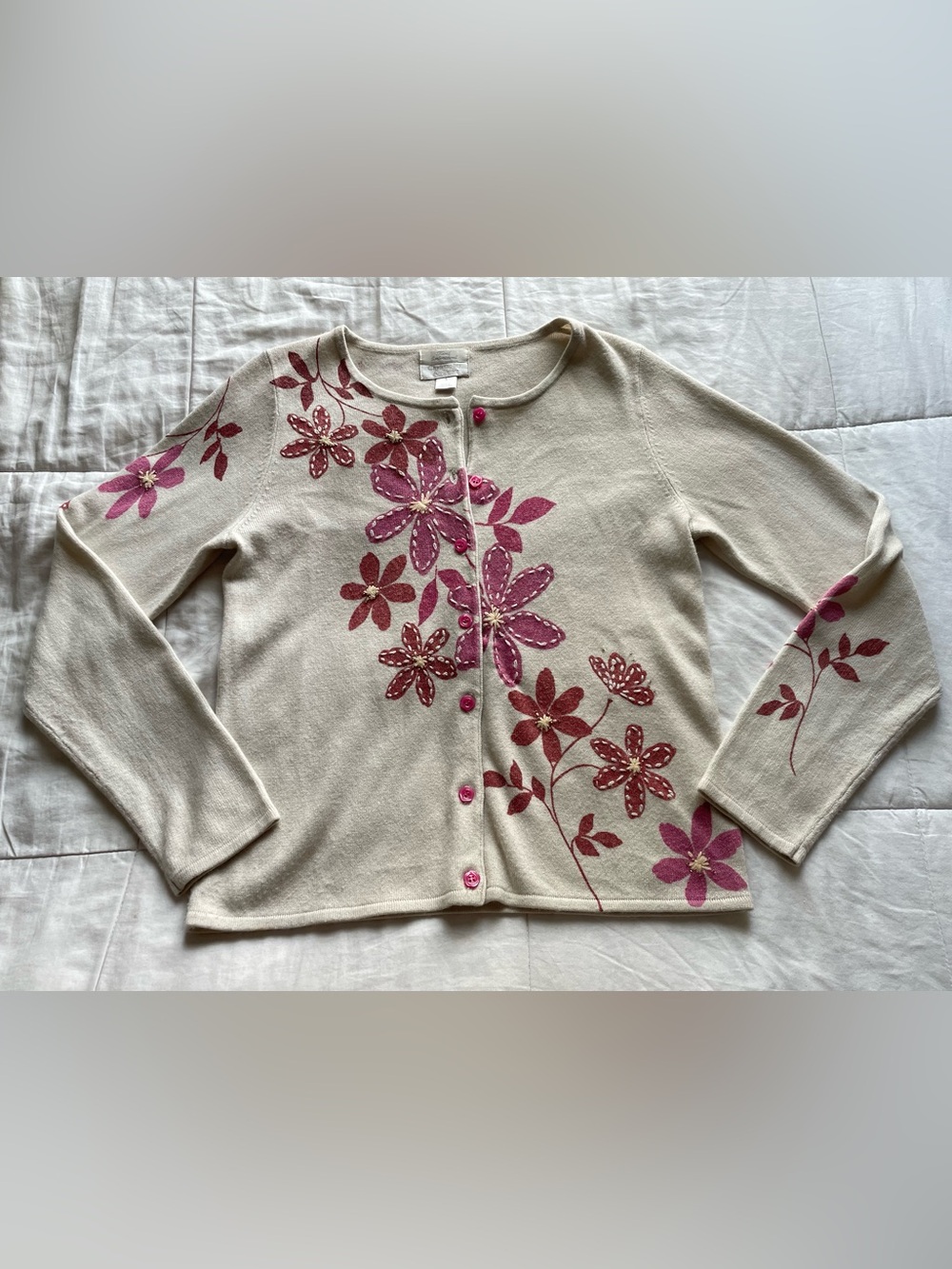 Vintage Cream Hand Embroidered Floral Button Cardigan Small Cottagecore Grandma‎